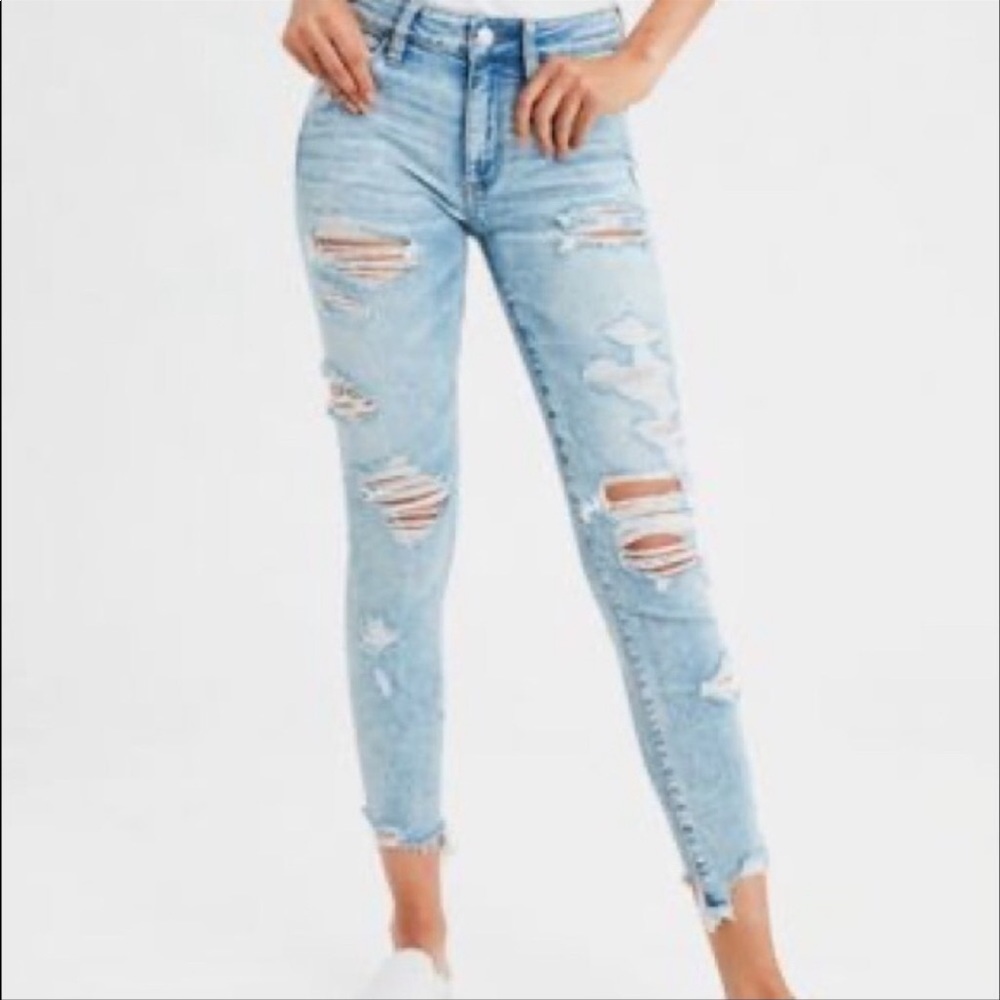 American Eagle Hi Rise Jegging Crop Destroyed Jeans Size 0